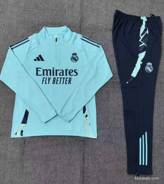 24/25 Kids Real Madrid Lake Blue Half Zipper Jacket+Long Pants