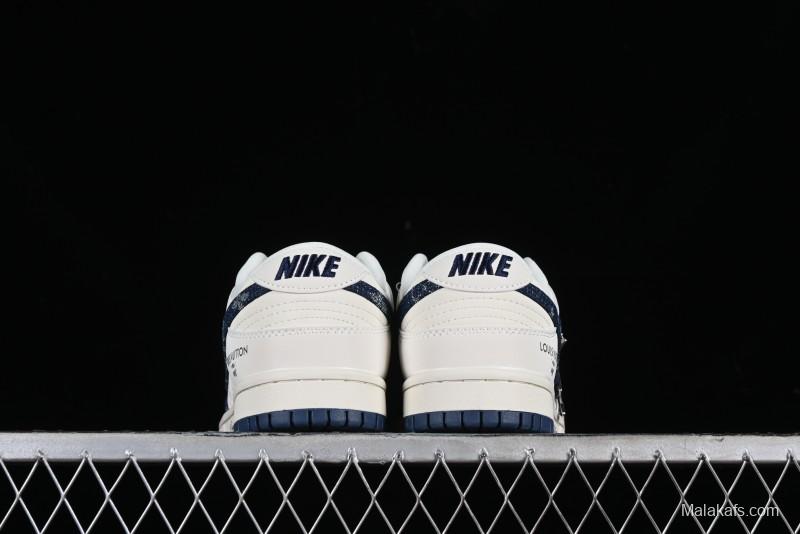 Nike SB Dunk Low LV Collaboration - Dark Blue Denim Anniversary High-End Custom Low-Top Casual Skate Shoes - XP3802-335