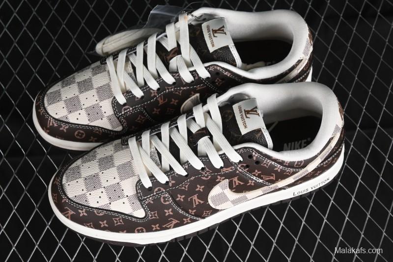 Nike SB Dunk Low LV Collaboration - Checkerboard Brown Monogram White Swoosh Anniversary High-End Custom Low-Top Casual Skate Shoes - SJ2068-255