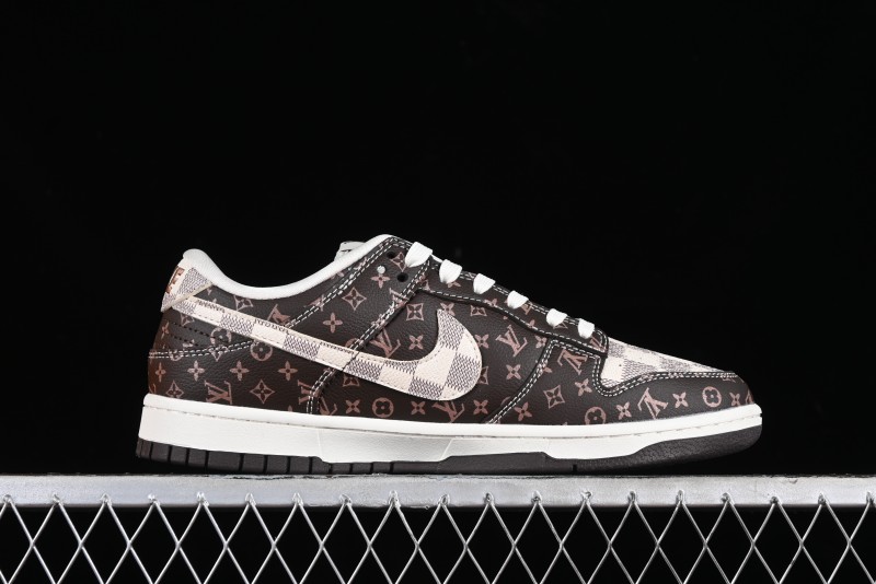 Nike SB Dunk Low LV Collaboration - Checkerboard Brown Monogram White Swoosh Anniversary High-End Custom Low-Top Casual Skate Shoes - SJ2068-255