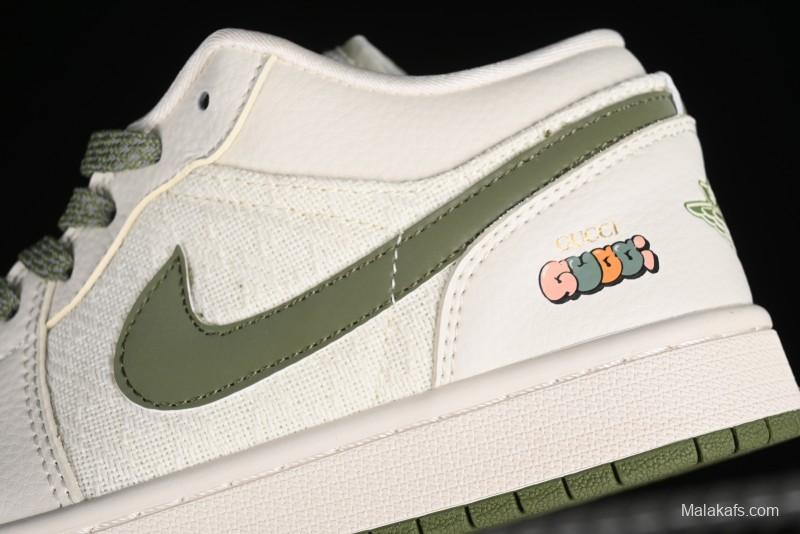Nike Air Jordan 1 Low AJ1 Gucci Collaboration - Beige Green Knit High-End Custom Retro Basketball Shoes - DM5688-103