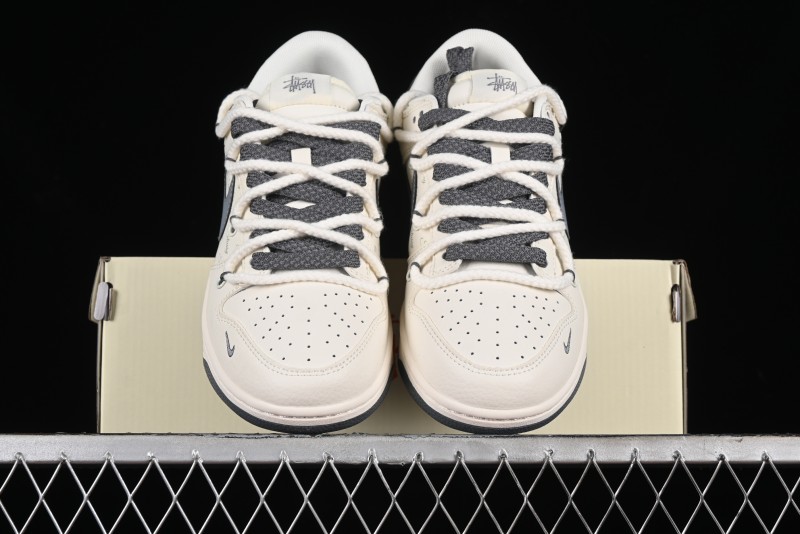 Stussy x Nike Dunk Low SB Sneakers in Off-White and Gray with Stussy S Titanium Accessory - SJ2068-275