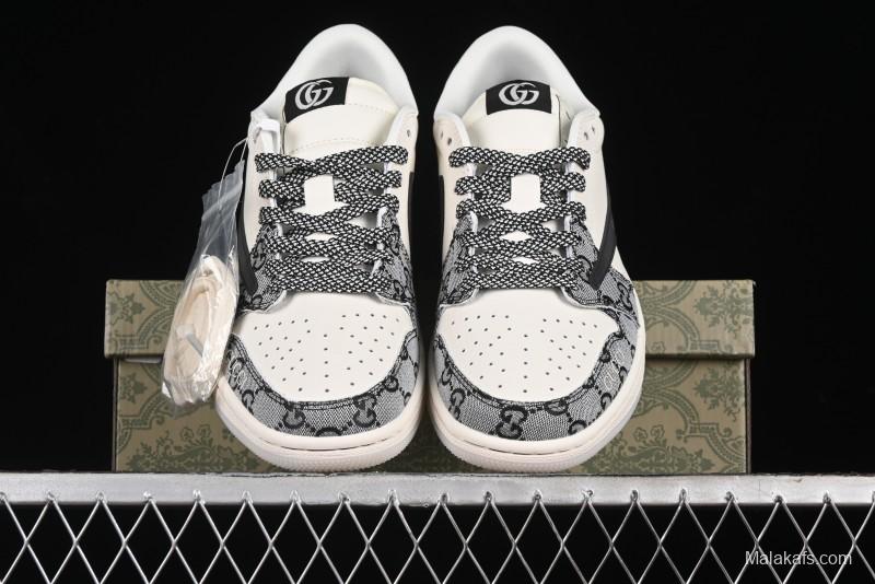 Nike Travis Scott x Fragment Design x Air Jordan 1 Low OG SP AJ1 Gucci Collaboration - Black Grey Pattern Low Top Casual Sneakers - XY2688-117