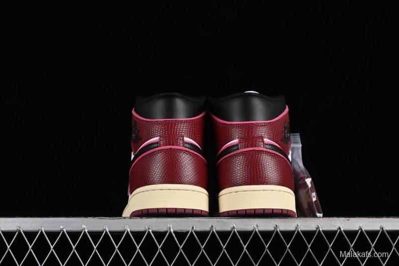 Nike Air Jordan 1 Mid AJ1 Snake Print Black Red Toe Mid-Top Basketball Shoes - FQ7818-101