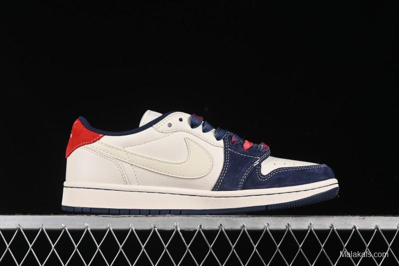 Nike Travis Scott x Fragment Design x Air Jordan 1 Low OG SP AJ1 Supreme Collaboration - Deep Blue Red Culture Casual Sneakers - XY2688-122