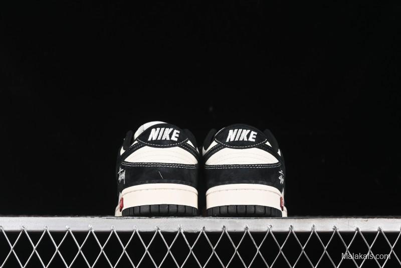 Nike SB Dunk Low Supreme x Stussy Triple Collaboration - Black White Black Swoosh Anniversary Custom Low Top Casual Skate Shoes - SJ2068-300