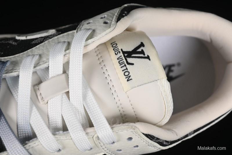 Nike SB Dunk Low LV Collaboration - Beige Black Printed Denim Anniversary High-End Custom Low-Top Casual Skate Shoes - XB3802-357