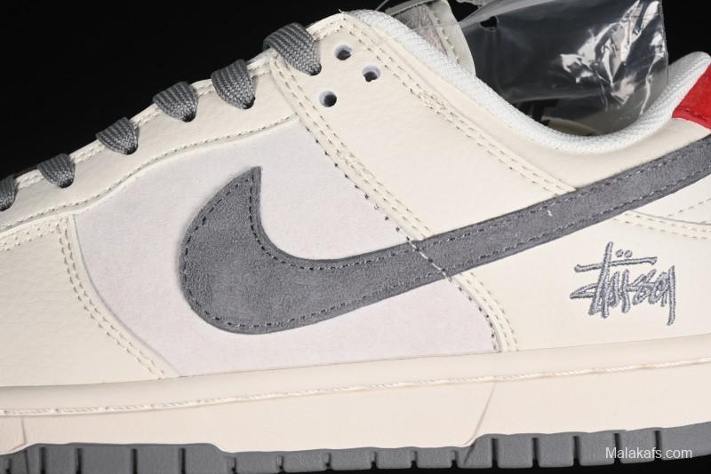 Nike SB Dunk Low Stussy Collaboration - Grey Pigskin Red Tail Anniversary High-End Custom Low-Top Casual Skate Shoes - XY2025-015