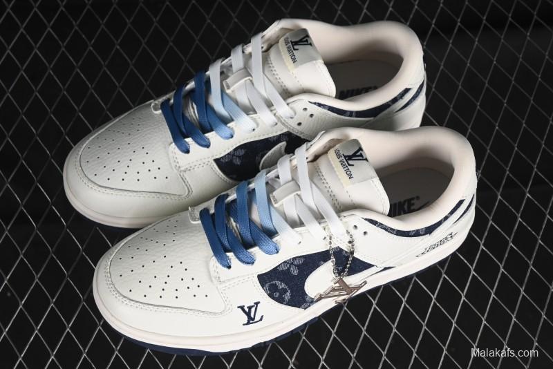 Nike SB Dunk Low LV Collaboration - Light Blue Denim Print Anniversary High-End Custom Low-Top Casual Skate Shoes - XB3802-359