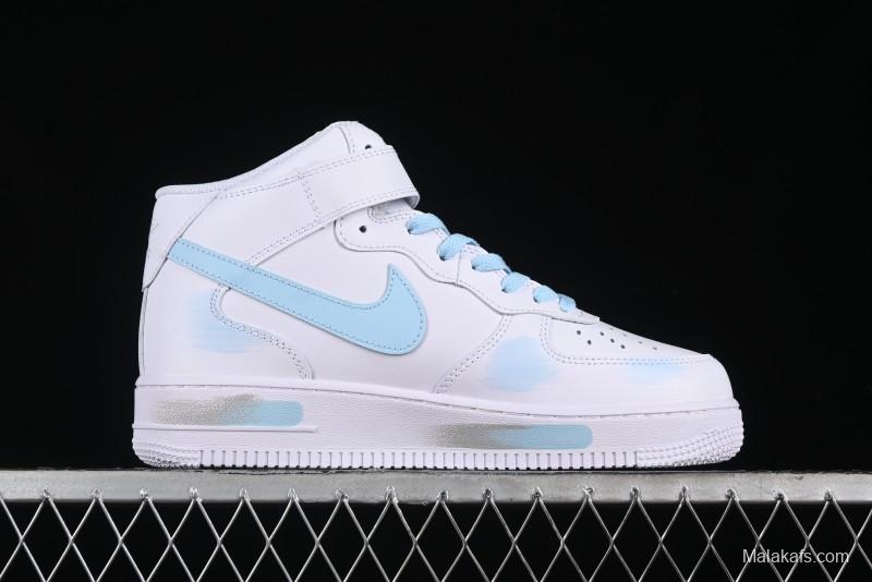 Nike Air Force 1 '07 Mid Light Blue Hand-Painted Cracked Three Stripes Shadow Mid-Top Casual Sneakers - CW2289-111