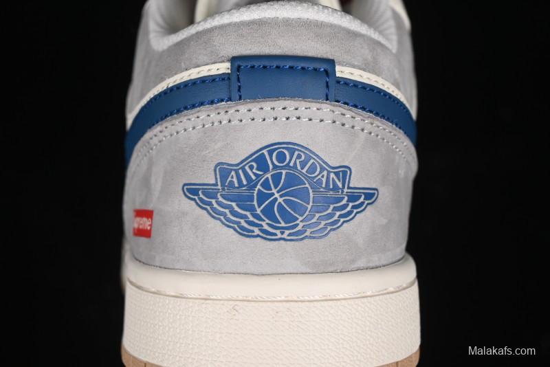 Nike Air Jordan 1 Low Supreme Collaboration - Retro Basketball Shoes in Blue and Gum Sole - SJ9950-022