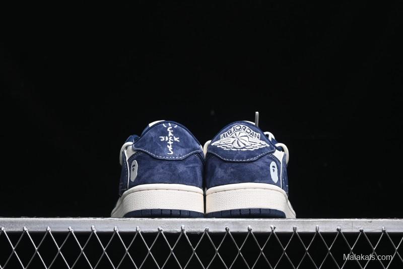 Nike Travis Scott x Fragment Design x Air Jordan 1 Low OG SP AJ1 Bape Collaboration - Klein Blue Lace-Up Low-Top Casual Sneakers - XS3186-201