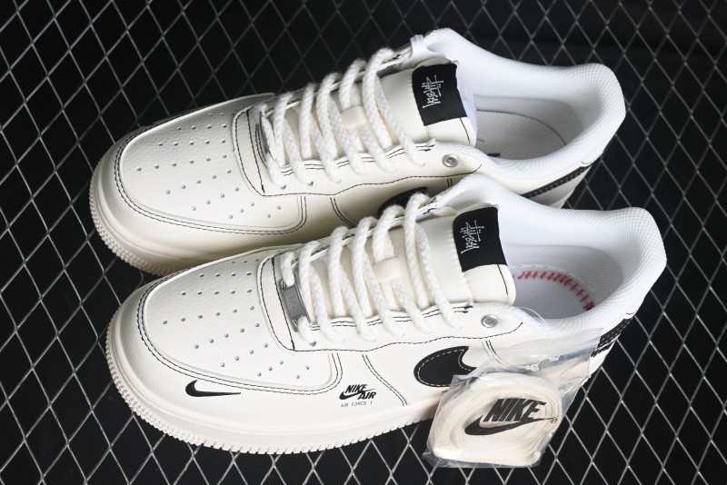 Nike Air Force 1 '07 Low Stussy Collaboration - White Black Swoosh Red Tab Low-Top Casual Sneakers - SJ6698-015