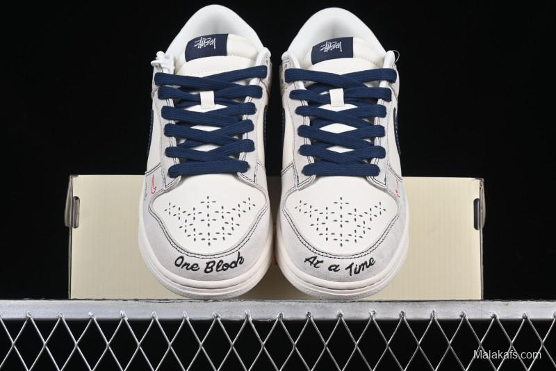 Nike SB Dunk Low Stussy Collaboration Embroidered Navy Swoosh Anniversary Custom Low-Top Casual Sneakers - MM1089-032