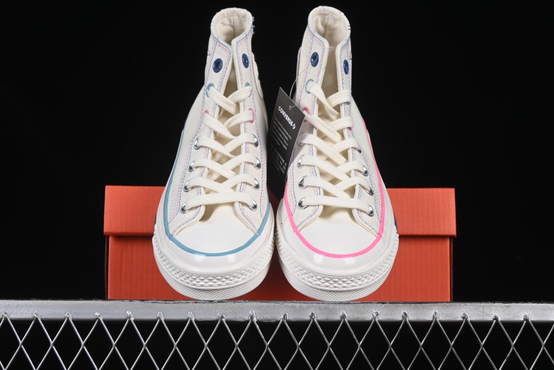 Converse Chuck 1970s High Top Casual Sneakers with Star Stitching and White-Pink-Blue Mismatched Design - A15744C