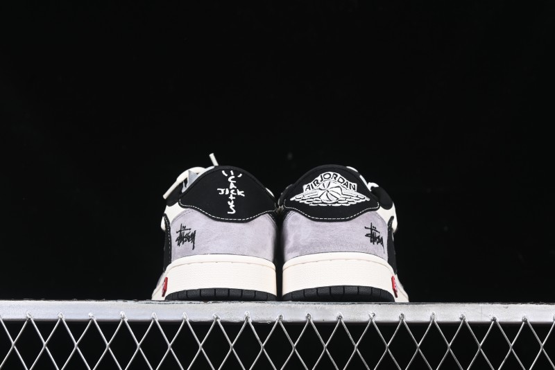 Nike Travis Scott x Fragment Design x Air Jordan 1 Low OG SP AJ1 Stussy Collaboration - Black Hook Dual-Tone Drawstring Low-Top Casual Sneakers - SJ0086-139