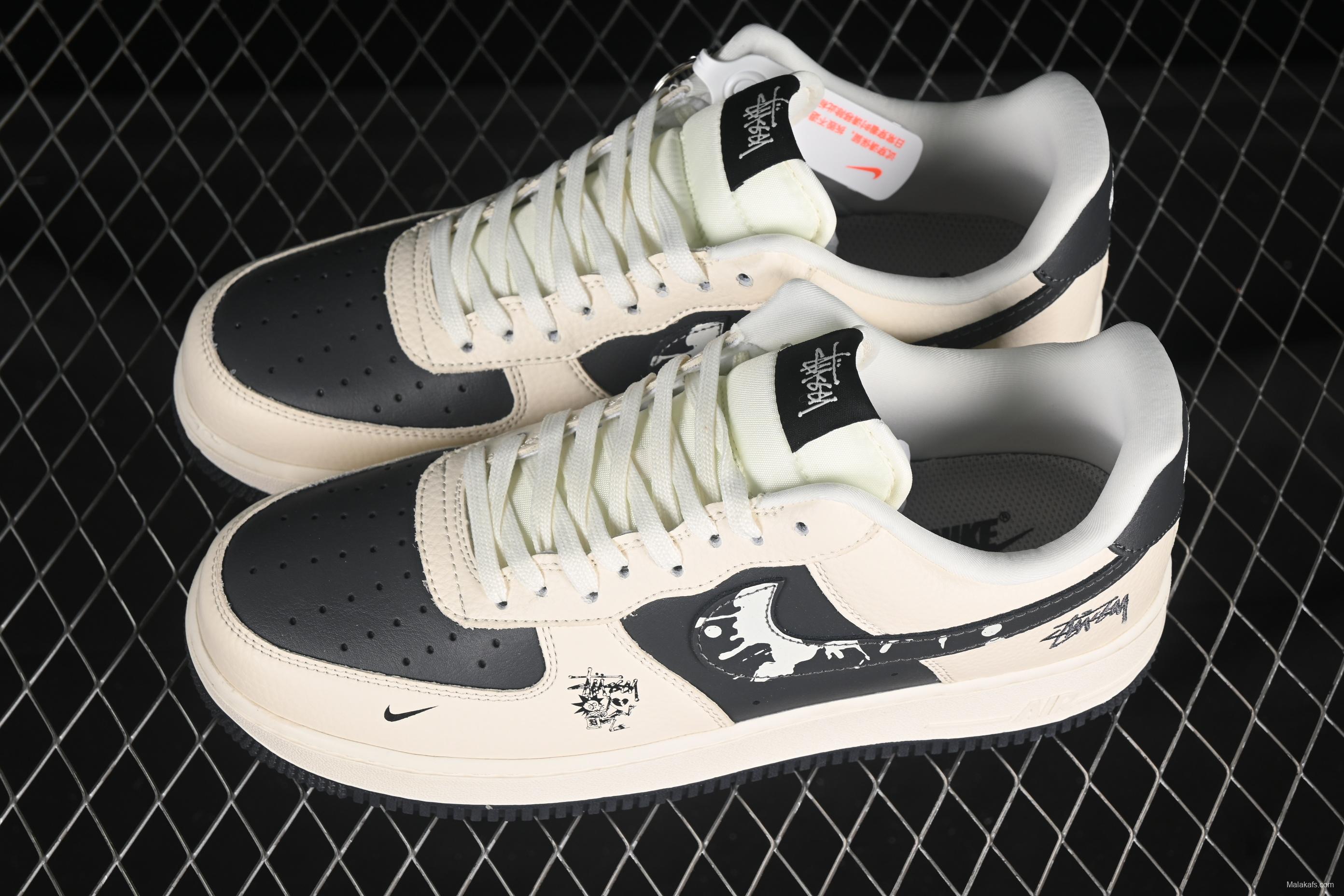 Nike Air Force 1 '07 Low Stussy Collaboration Beige Black Splatter Swoosh Casual Sneakers - DF0188-042