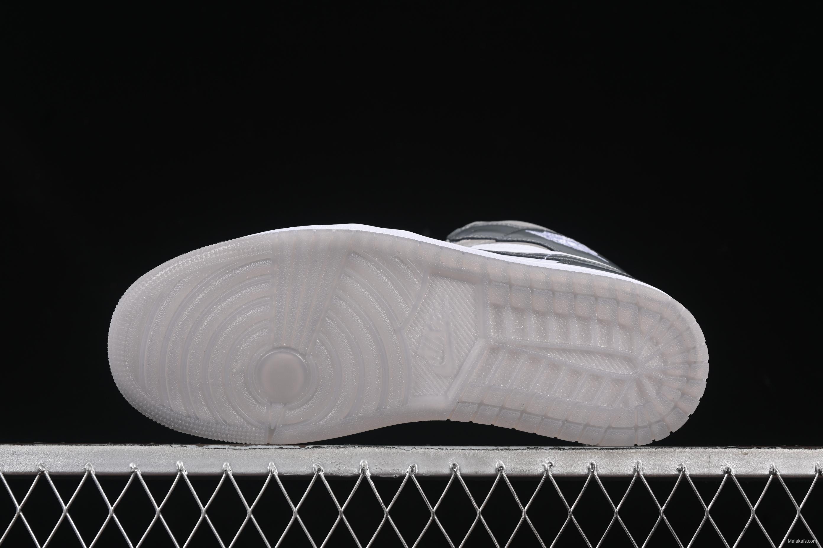 Nike Air Jordan 1 Mid Basketball Shoes in White Grey Patent Leather - HF3216-100