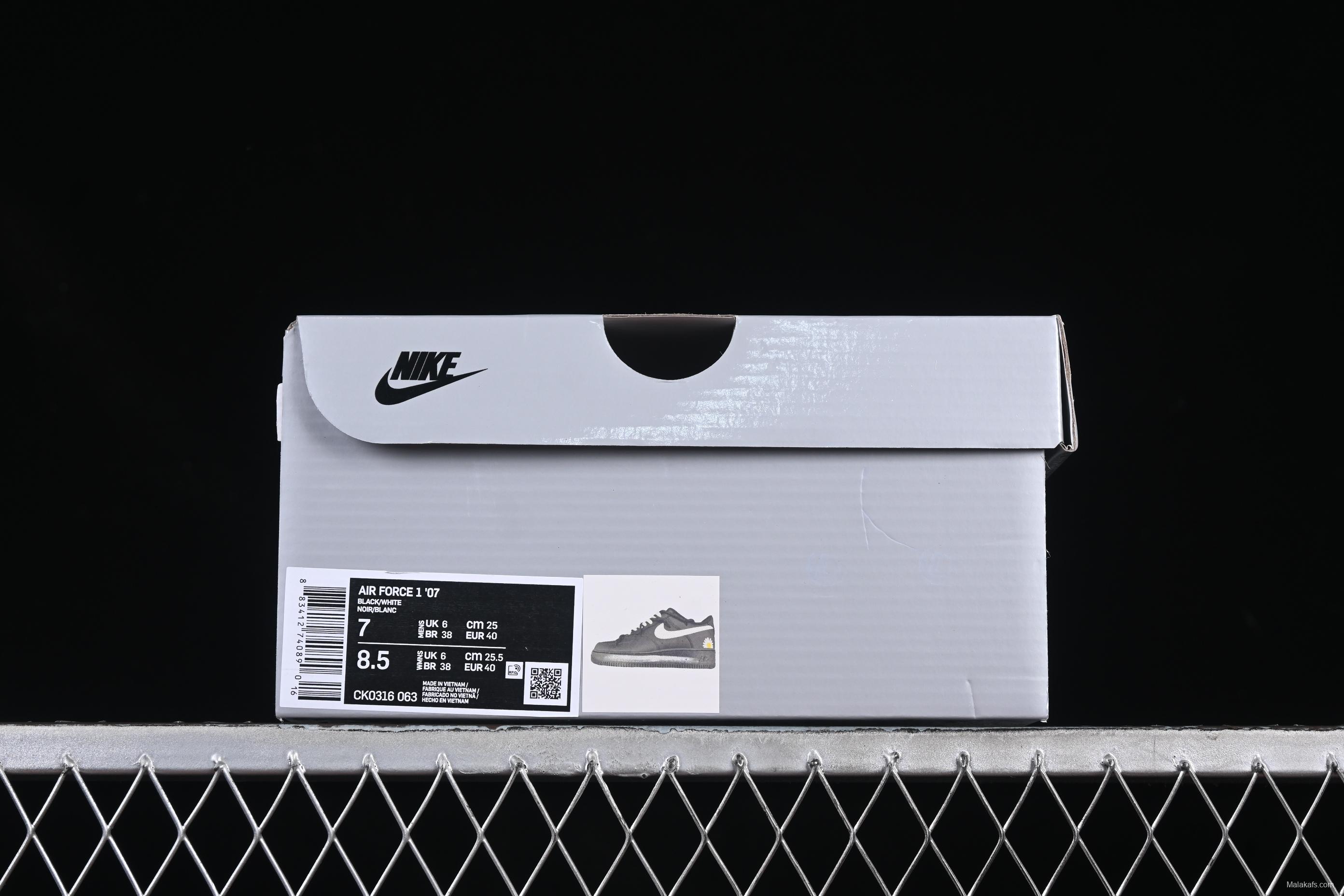 Nike Air Force 1'07 Low Casual Sneakers with 2D Daisy Black White Graffiti Hand-Painted Design - CK0316-063