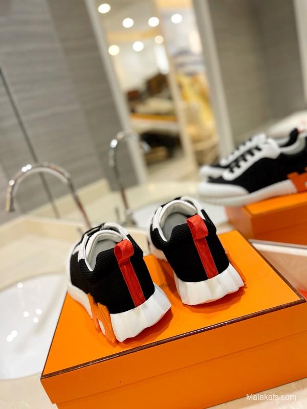 2024 Unisex Hermès black white leather mesh sneakers