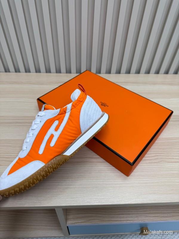 2025 Unisex Hermès Orange White Suede Nylon Sneakers Top Version LY00310