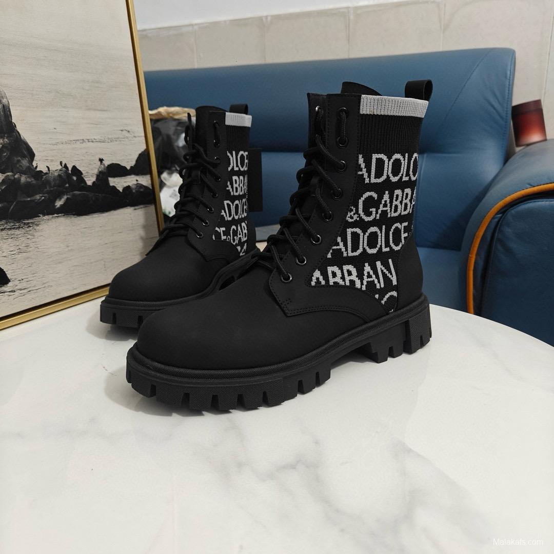 2024 Unisex Dolce & Gabbana Black Knit Leather Combat Boots MJ00390