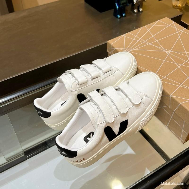 2025 Unisex VEJA White Black Leather Canvas Sneakers Velcro MJ00240(W/M)
