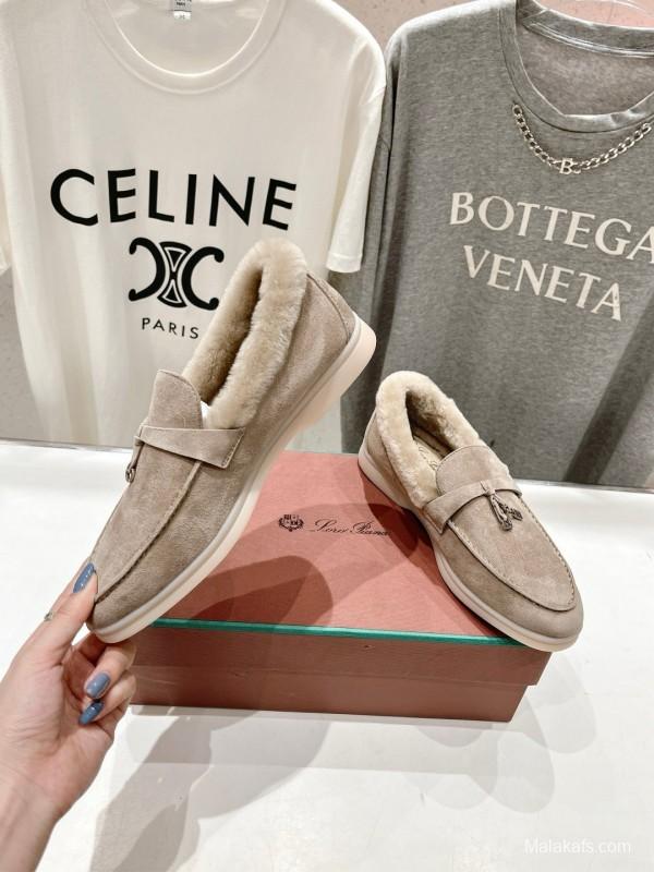 2024 Women LP Beige Suede Loafers Shearling MJ00300