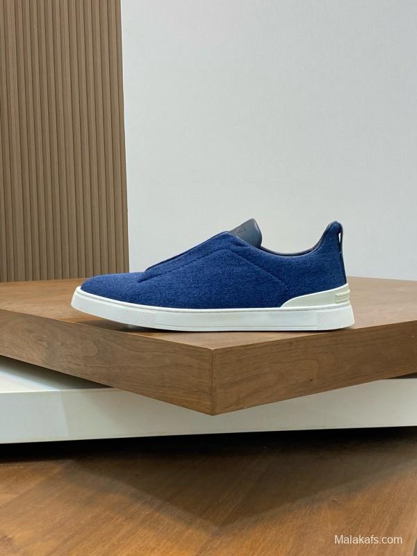 2024 Men Ermenegildo Zegna Blue Calfskin Pelletessuta Sneakers MJ00280