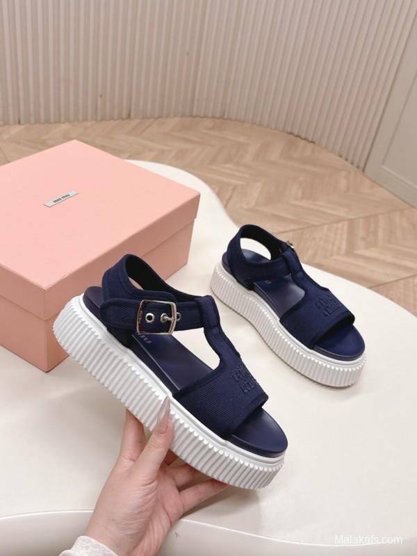 2025 Women Miu Miu Navy Canvas Sandals LY00420