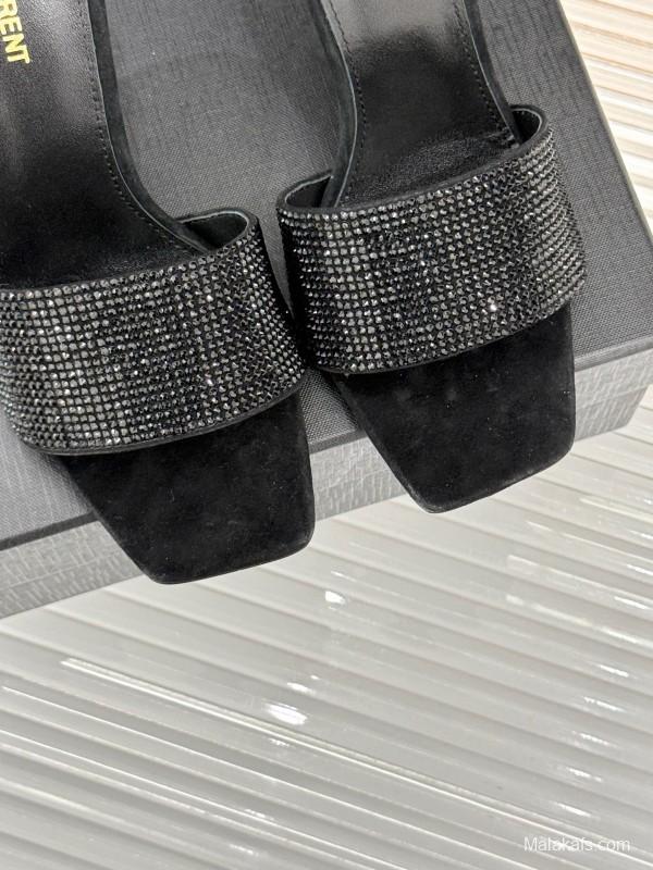 2025 Women Yves Saint Laurent Black Rhinestone Leather High Heel Slippers LY00300