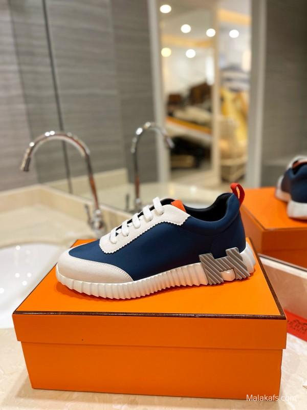 2024 Unisex Hermès Blue White Orange Imported Silk Lambskin Nubuck Sneakers MJ00320