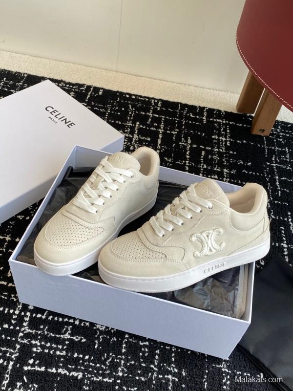 2025 Women Celine Beige Canvas Sneakers CELINE Embroidered Logo