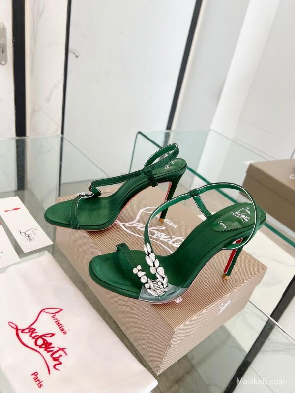 2025 Women Christian Louboutin Green Silk High Heel Crystal Sandal LY00300