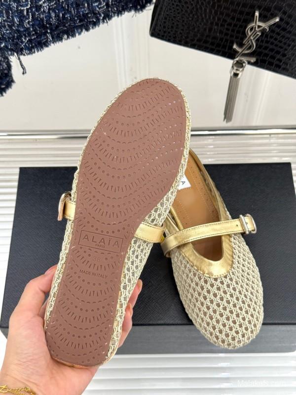 2025 Slippers AlAIA Gold Mesh Leather Slippers
