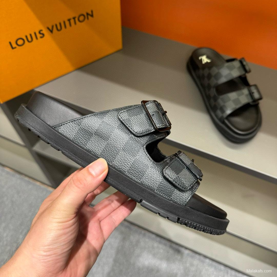 2024 Slippers Louis Vuitton Grey Black Leather Slippers