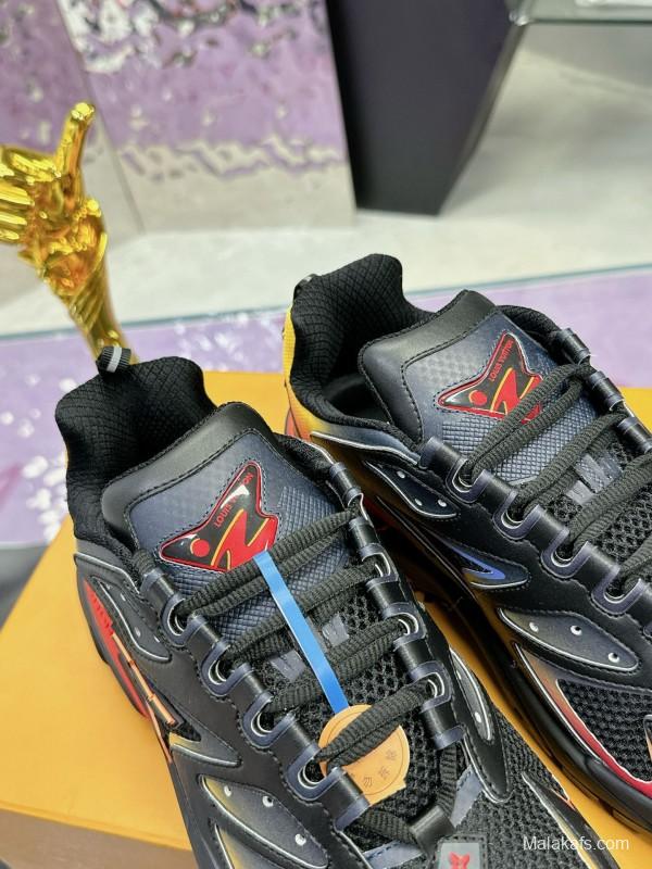 2025 Men Louis Vuitton Black Yellow Orange Mesh Leather Sneakers MJ00420