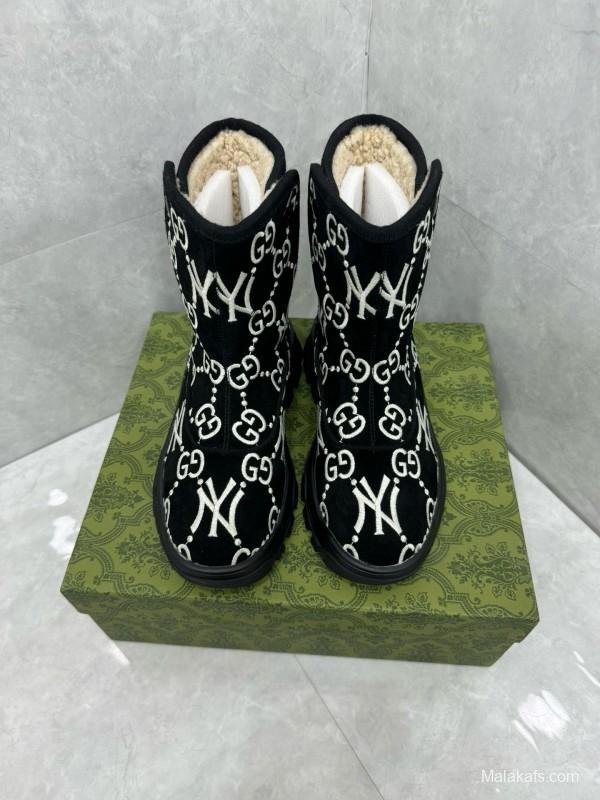 2024 Women Gucci Black White Suede Snow Boots GG NY Embroidery MJ00370