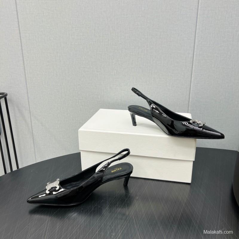 2025 Women Celine Black Patent Leather Slingback Heels KFY00290