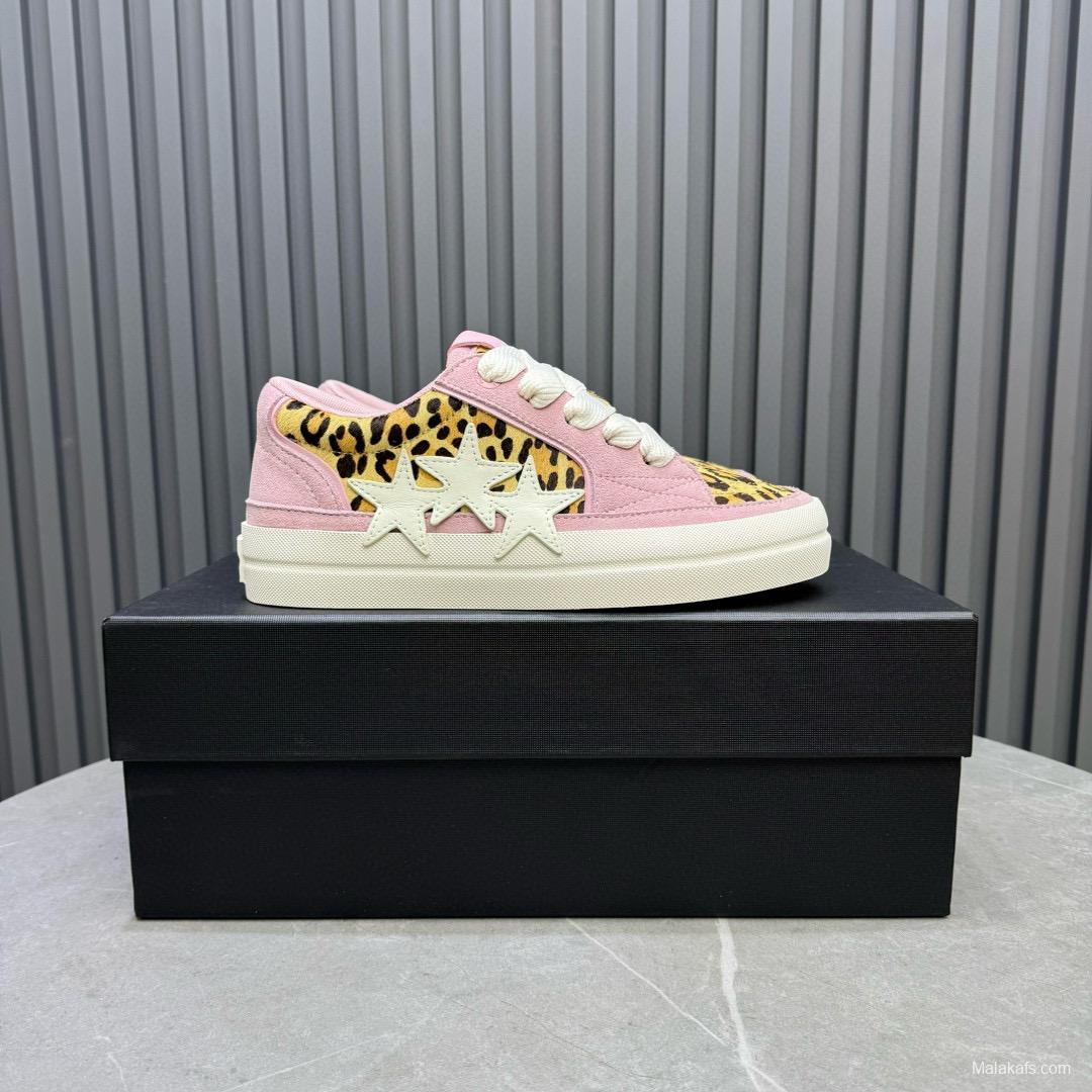2024 Women Amiri Pink Leopard Canvas Leather Sneakers MJ00300