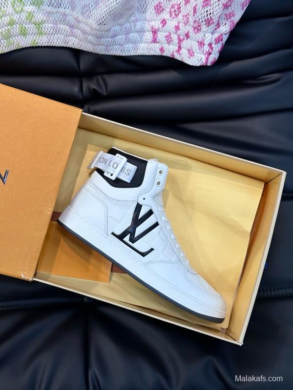 2024 Men Louis Vuitton White Black Leather High-Top Sneakers MJ00420