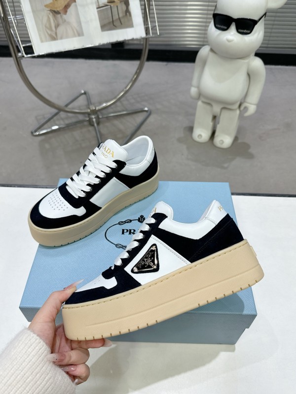 2025 Women Prada Black White Leather Suede Sneakers Downtown Bold KFY00310