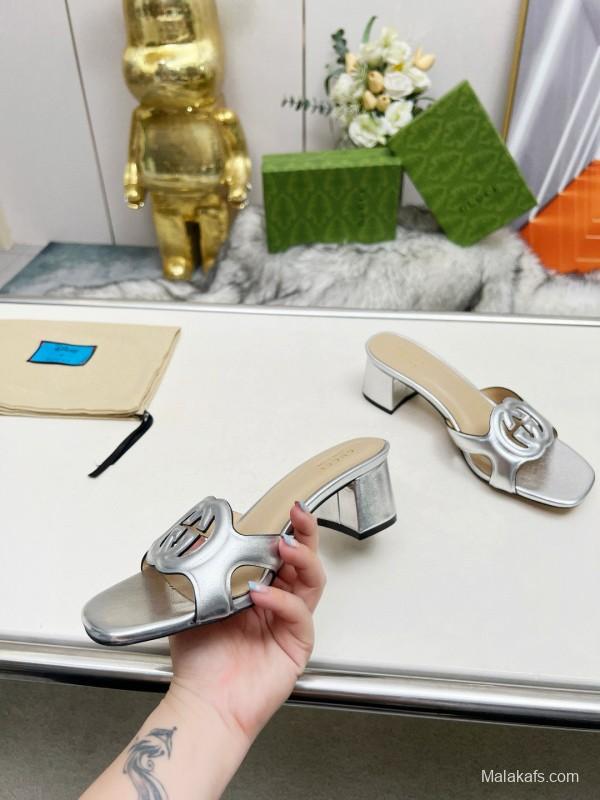 2025 Gucci Silver Leather Slippers MJ00190