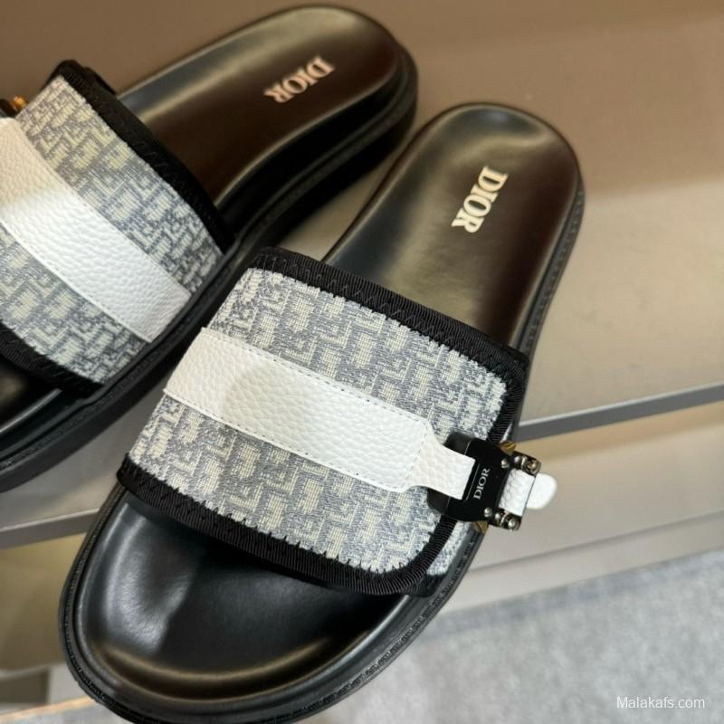 2024 Slippers Dior Black White Canvas Leather Slippers