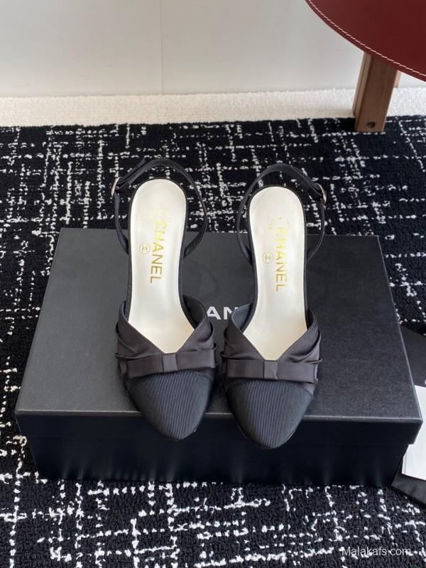 2025 Women Chanel Black Satin Leather High Heels Bow Slingback KFY00289