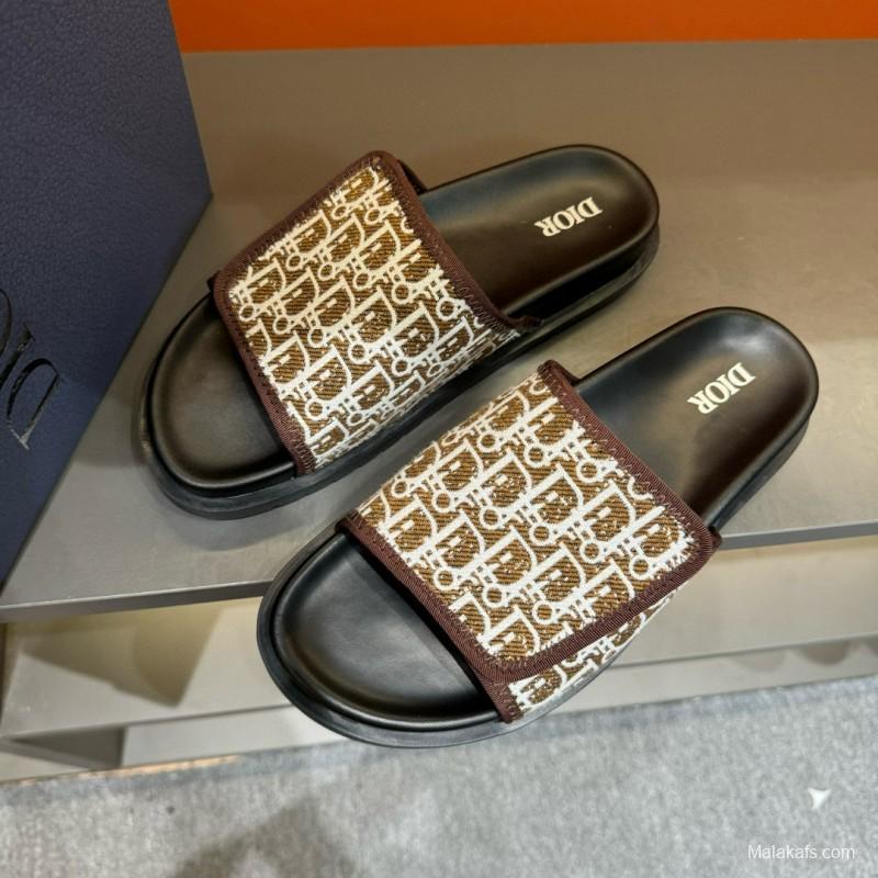 2024 Dior brown beige fabric leather Slippers MJ00180