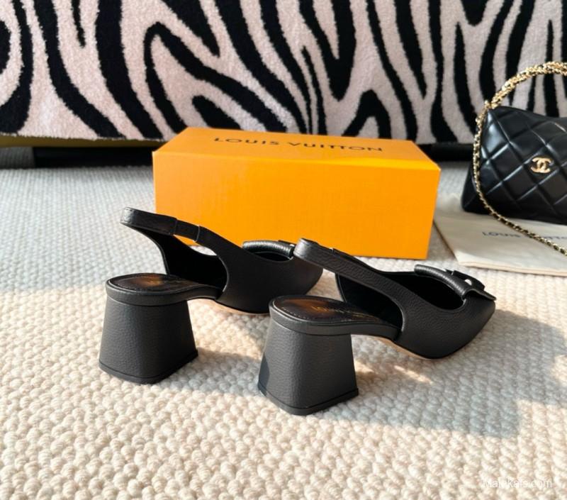 2024 Women Louis Vuitton Black Leather Slingback Heel