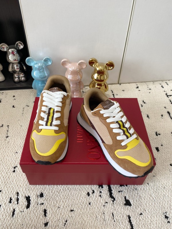 2025 Unisex Valentino Beige Brown Yellow Suede Silk Cow Leather Sneakers LY00340