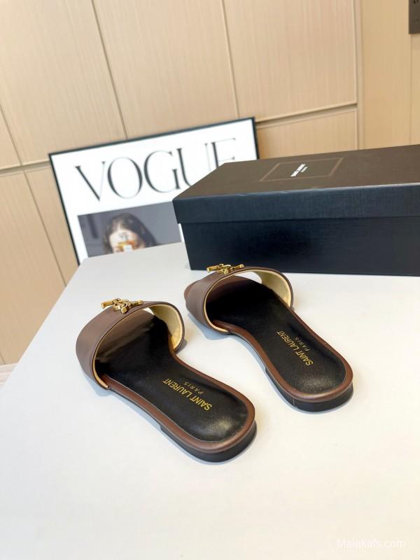 2025 Women Yves Saint Laurent Brown Leather Slippers LY00180