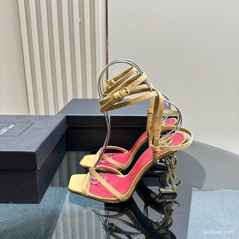 2025 Women Yves Saint Laurent Light Brown Satin High Heel Sandals